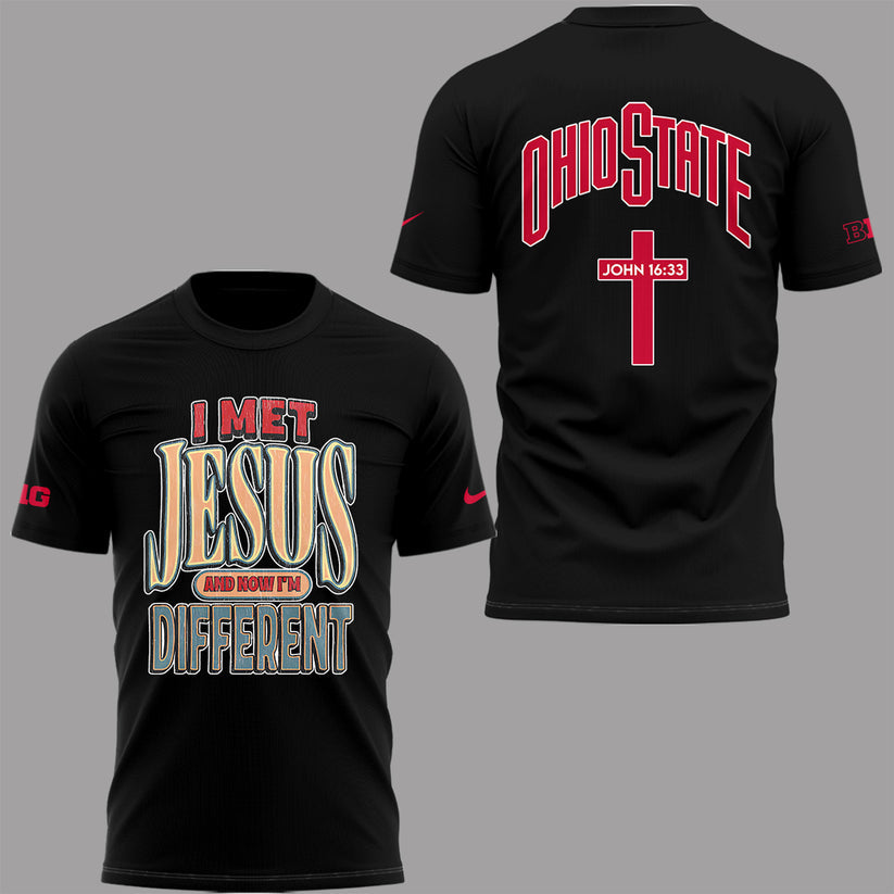 John 16:33 Ohio Football T-Shirt - Ohio State Buckeyes I Met Jesus T-Shirt Black - 100% Cotton, 2-Side Printed Shirt, Unisex