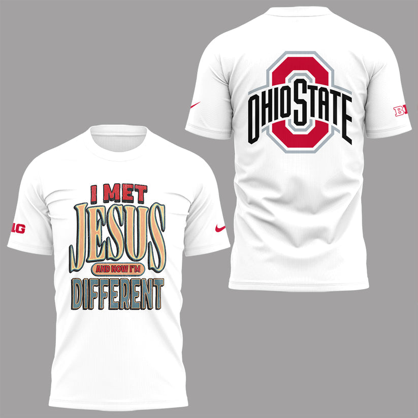 Back at Ohio State, J.T. Tuimoloau makes a statement in the ‘I MET JESUS AND NOW I’M DIFFERENT’ - Ohio State Buckeyes I Met Jesus T-Shirt White - 100% Cotton, 2-Side Printed Shirt, Unisex