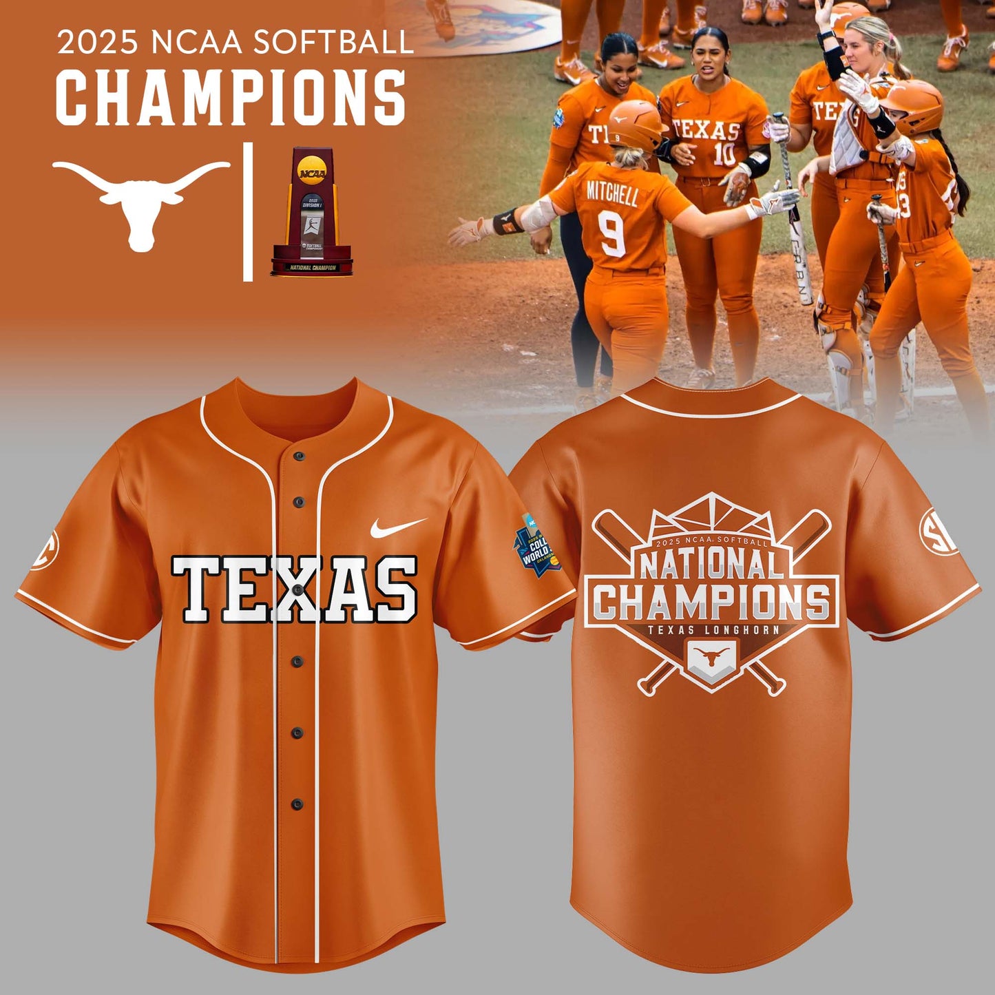 Texas Longhorns 2025 Women's Softball National Champions Hook 'Em Jesey