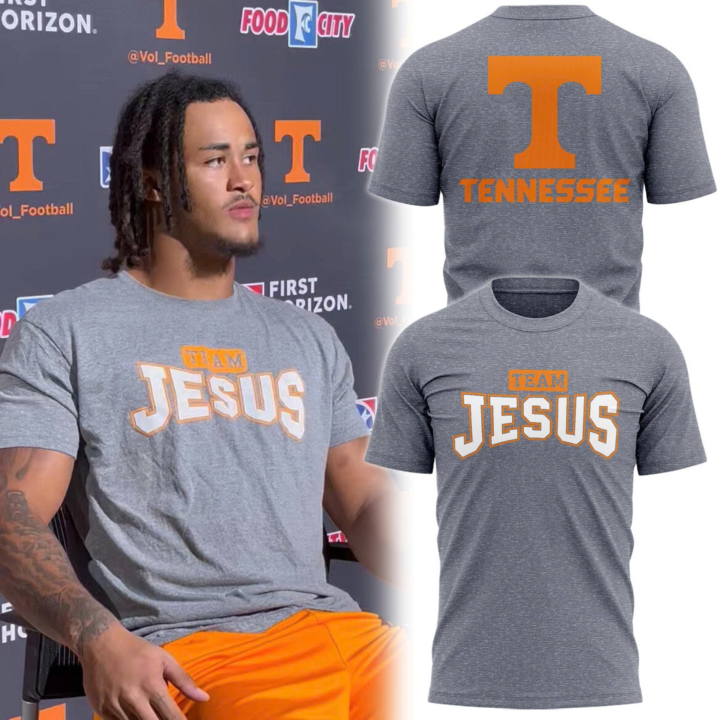 Tennessee Football Team Jesus Grey T-shirt