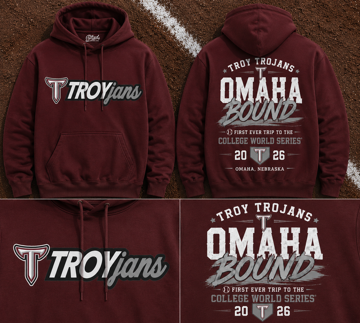 Limited Edition Hoodie Troy Trojans Baseball Men’s College World Series 2026 - TROY TO OMAHA Hoodie