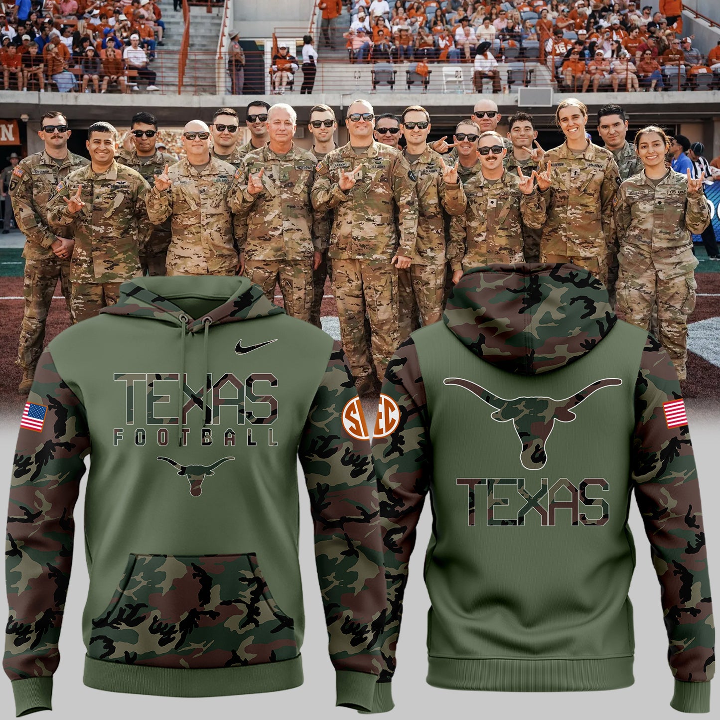 Texas Longhorns Premium Shirt For Fan - Texas Longhorns Camo 2024 Military Appreciation Hoodie - Unique Christmas Gift For Texas Longhorns Lover TL01