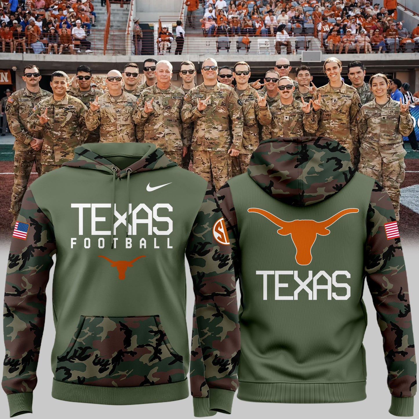 Texas Longhorns Premium Shirt For Fan - Texas Longhorns Camo 2024 Military Appreciation Hoodie - Unique Christmas Gift For Texas Longhorns Lover TL02