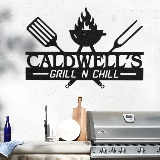 Personalized Grill and Chill Metal Sign, Grill Sign Metal Wall Art, Kitchen Sign Metal Wall Decor, Outdoor Metal Sign, Housewarming Gift