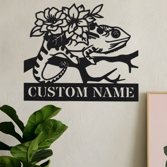 Custom Floral Crested Gecko Metal Sign with Led Light, Lizard Lover Gift Kids Room Decor, Reptile Gift Lizard Name Sign, Gecko Birthday Gift