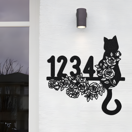 Custom Floral Cat Metal sign, Metal Address sign, Farmhouse Decor, Outdoor Address sign, Outside decor, Personalized Metal Cat & Flower Sign