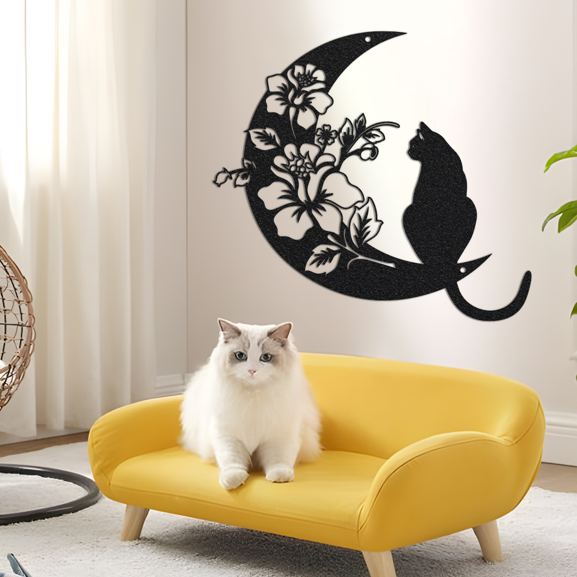 Cat and Moon Metal Wall Art, Floral Cat Wall Decor, Cat on Moon, Floral moon, Cat Lover Gift, Animal Decor, Home Decor, Housewarming Gift