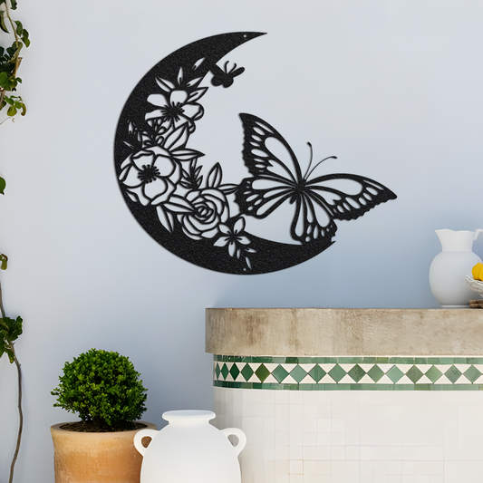 Butterfly Moon Metal Sign, Living Room Sign, Floral Moon Sign Housewarming Gift, Gift For Lover, Anniversary Gift, House Decor