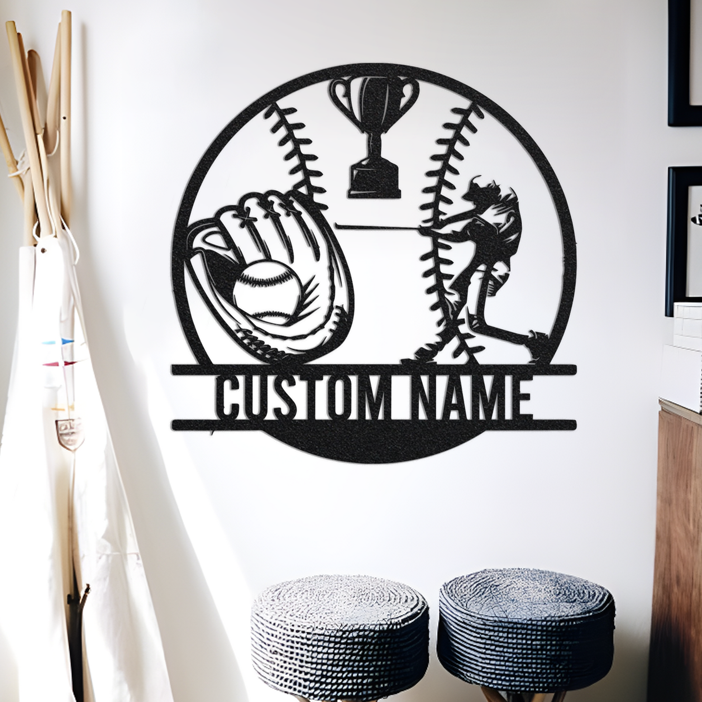 Custom Baseball Room Decor Wall Art with Led Light, Baseball Coach Gift, Baseball Glove & Trophy, Baseball Gifts for Boys, Metal Sports Sign