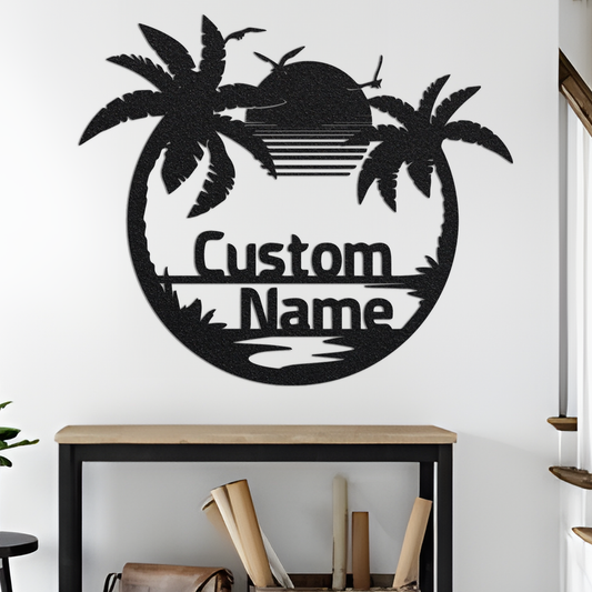 Custom Beach Sunset Palm Trees Metal Sign with Led Lights, Beach House Decor, Front Door Patio Metal Sign, Metal Oasis Sign, Housewarming