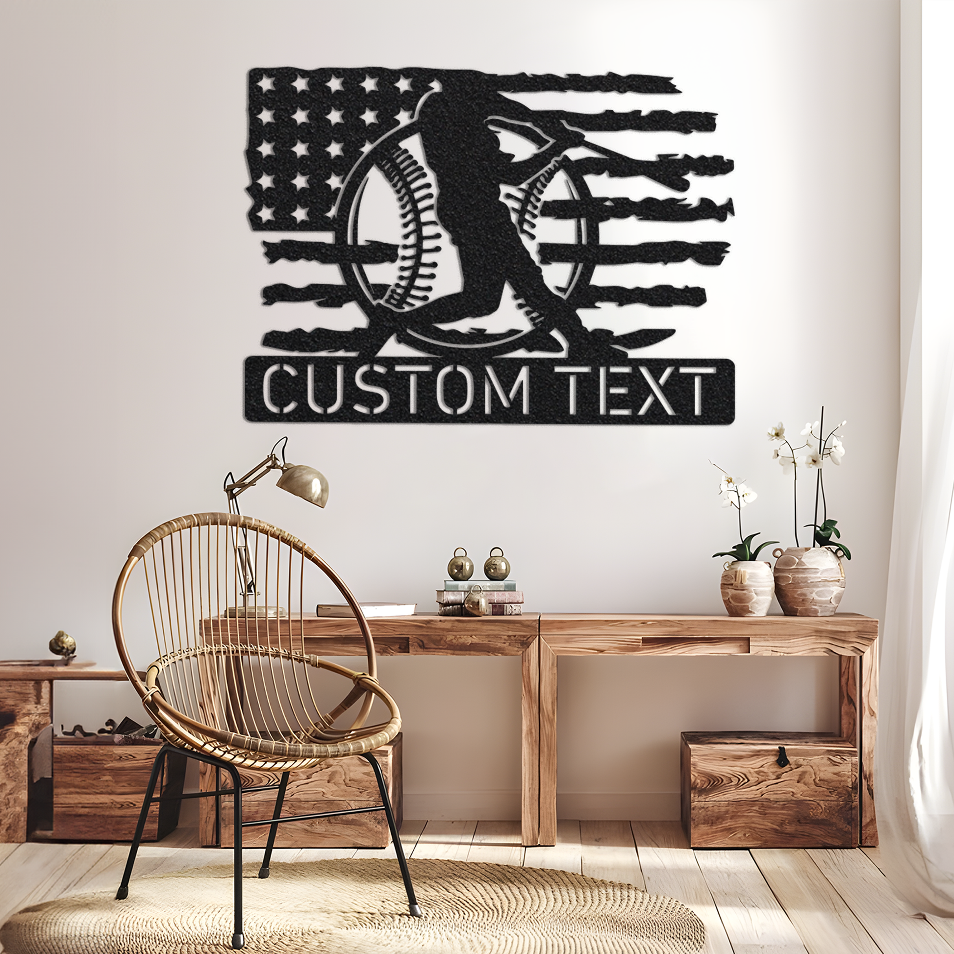 Baseball American Flag Metal Wall Art Led Light, Baseball Player Name Sign, Birthday Christmas Gift for Son Father's Day, Baseball US Flag