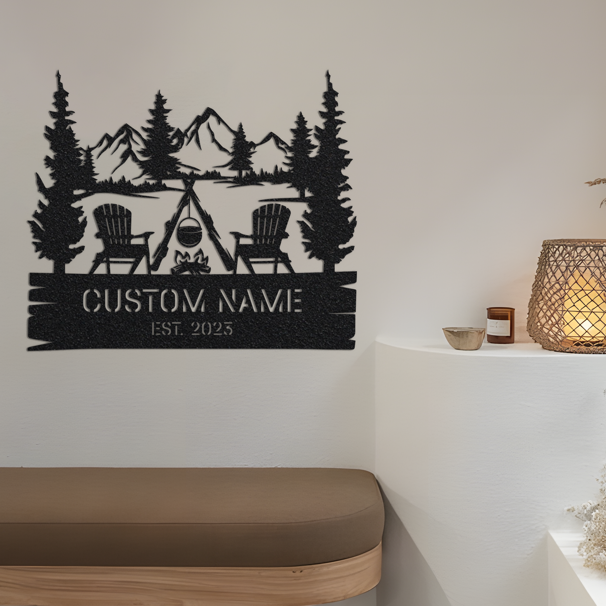 Custom Campsite Metal Sign with Led Light, Mountain View Cabin Sign, Campfire Signs, Fire Pit Sign, Camper Decor, Camping Family Gifts