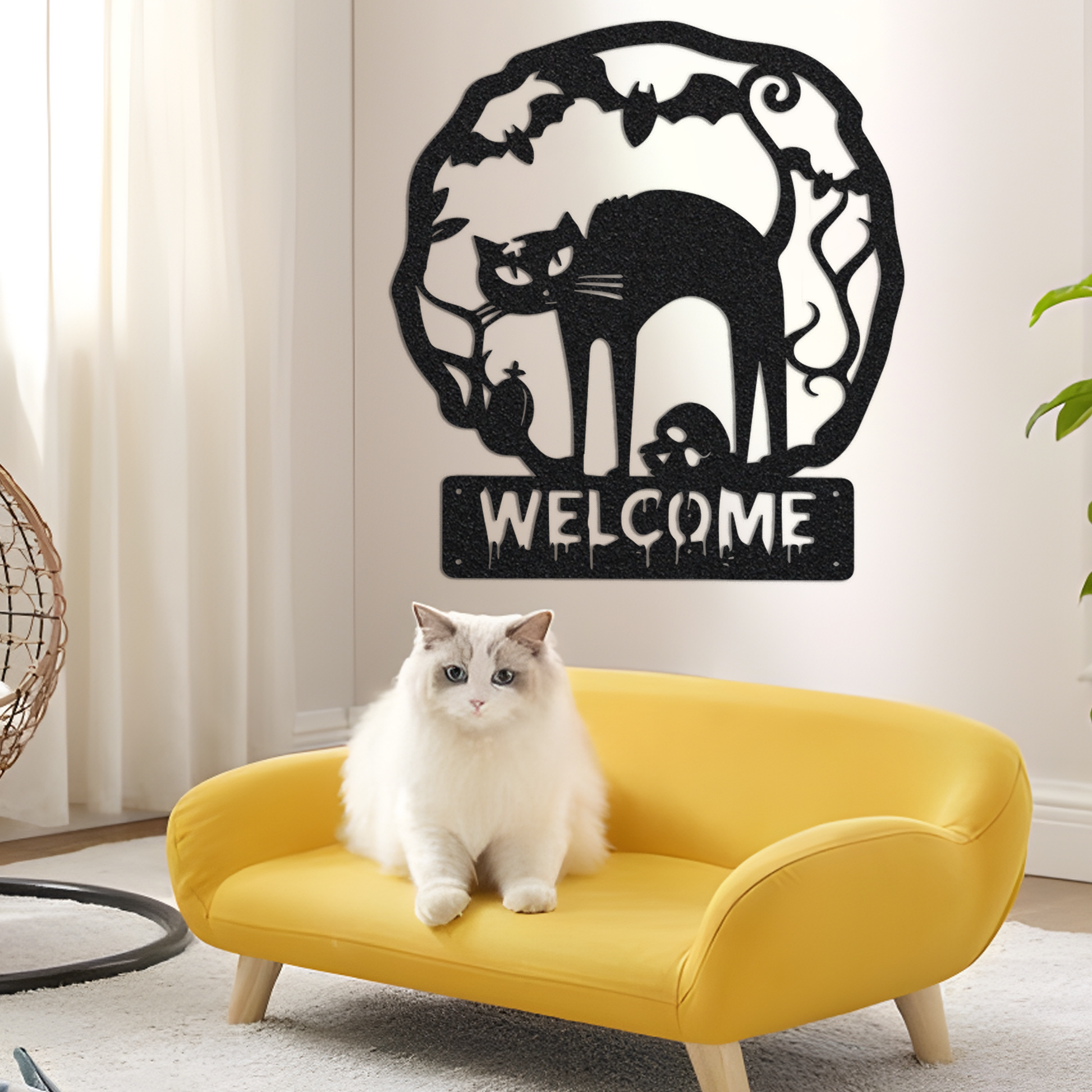 Cat Halloween Welcome Steel Art With LED, Halloween Decorations Outdoor, Perfect Welcome Metal Sign For Halloween, Light Up Metal Sign.1