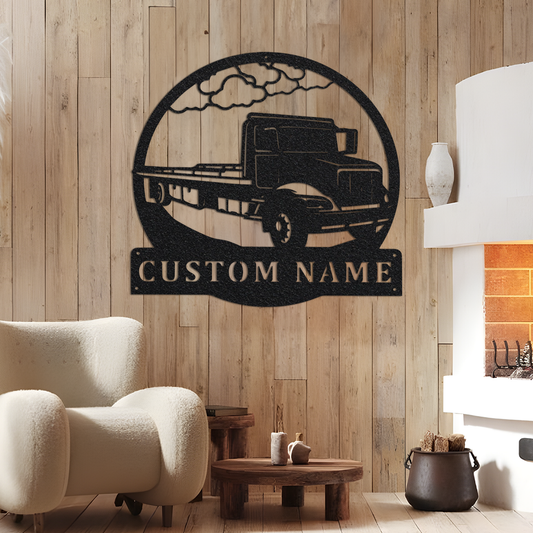 Custom Flat Bed Tow Truck Metal Wall Art, Personalized Truck Driver Name Sign Decoration For Room, Bed Semi Truck Home Decor, Custom Truck.1