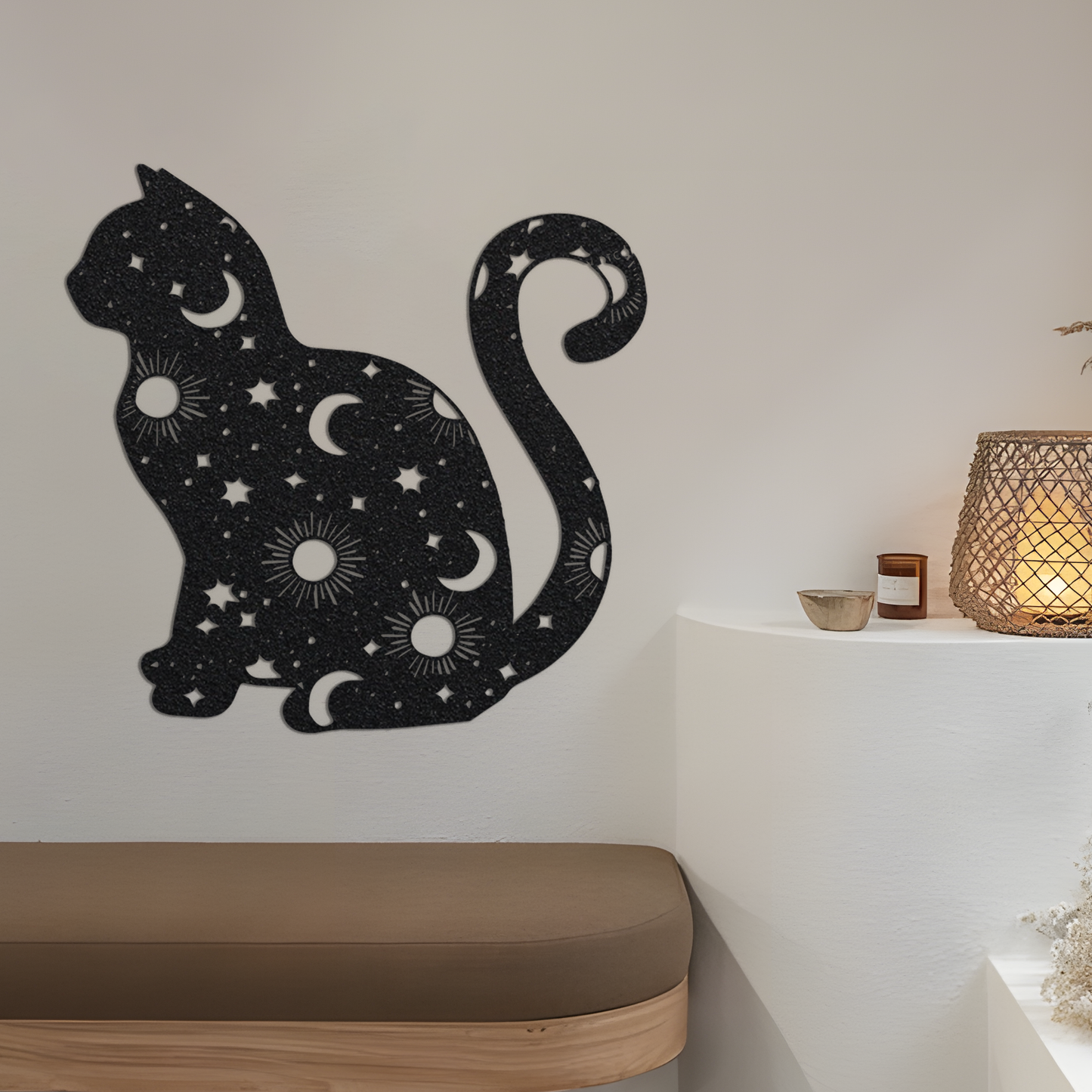 Cat Metal Sign With Led Lights, Cat And Moon Sign, Celestial Cat Decor, Moon Phase Mystical Celestial Boho Animal Crescent, Wall Decor.1