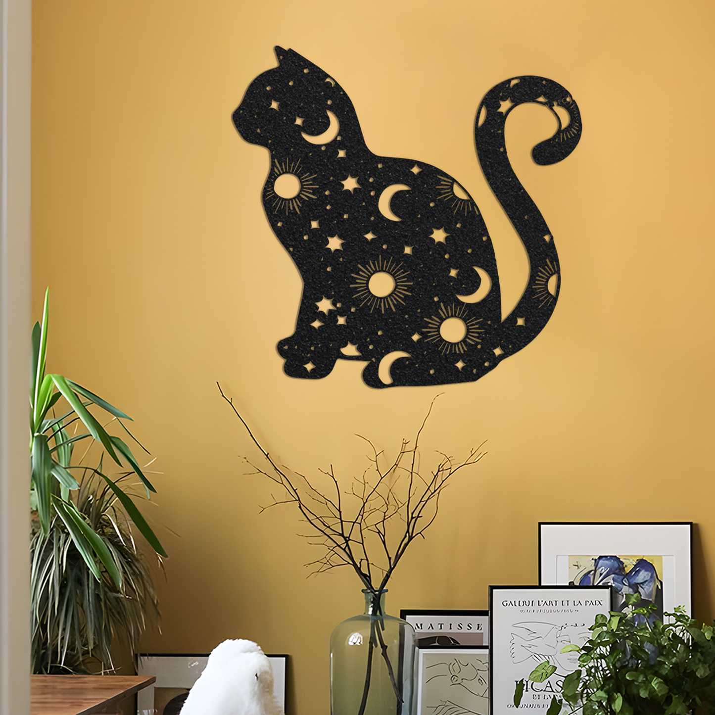 Cat Metal Sign With Led Lights, Cat And Moon Sign, Celestial Cat Decor, Moon Phase Mystical Celestial Boho Animal Crescent, Wall Decor.1