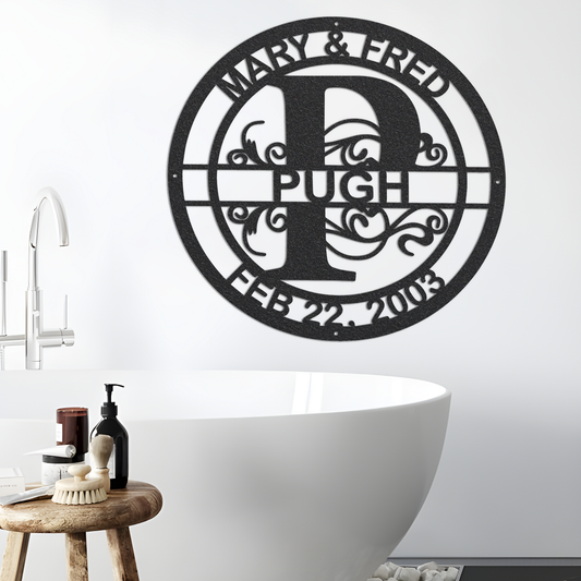 Metal monogram , black textured baked on finish, monogram , laser cut monogram