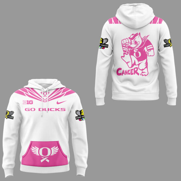 October Wear Pink - Oregon Ducks Breast Cancer Hoodie White Pink Version