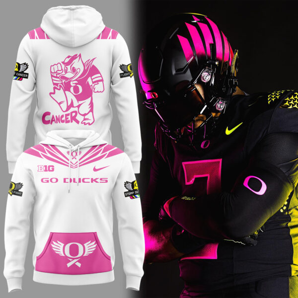 October Wear Pink - Oregon Ducks Breast Cancer Hoodie White Pink Version