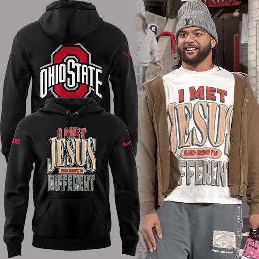 Back at Ohio State, J.T. Tuimoloau makes a statement in the ‘I MET JESUS AND NOW I’M DIFFERENT’ Hoodie - Ohio State Buckeyes Hoodie I Met Jesus - Large Logo Back - Cotton 2-Side Printed