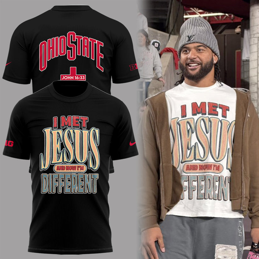 John 16:33 Ohio Football T-Shirt - Ohio State Buckeyes I Met Jesus T-Shirt Black - 100% Cotton, 2-Side Printed Shirt, Unisex