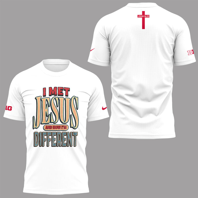 John 16:33 Ohio Football T-Shirt - Ohio State Buckeyes I Met Jesus T-Shirt White - 100% Cotton, 2-Side Printed Shirt, Unisex