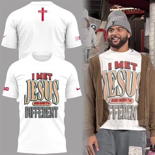 John 16:33 Ohio Football T-Shirt - Ohio State Buckeyes I Met Jesus T-Shirt White - 100% Cotton, 2-Side Printed Shirt, Unisex