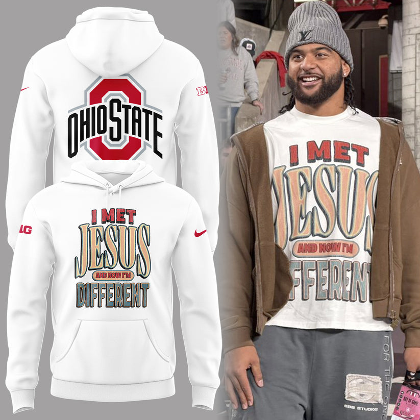 Back at Ohio State, J.T. Tuimoloau makes a statement in the ‘I MET JESUS AND NOW I’M DIFFERENT’ - Ohio State Buckeyes Hoodie I Met Jesus - White, 100% Cotton, 2-Side Printed Shirt