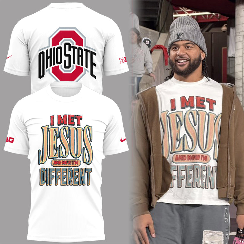 Back at Ohio State, J.T. Tuimoloau makes a statement in the ‘I MET JESUS AND NOW I’M DIFFERENT’ - Ohio State Buckeyes I Met Jesus T-Shirt White - 100% Cotton, 2-Side Printed Shirt, Unisex