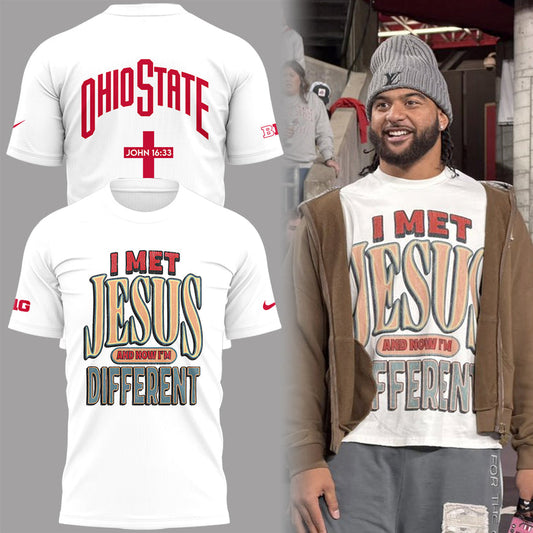 Back at Ohio State, J.T. Tuimoloau makes a statement in the ‘I MET JESUS AND NOW I’M DIFFERENT’ - Ohio State Buckeyes I Met Jesus White T-Shirt - 100% Cotton, 2-Side Printed Shirt