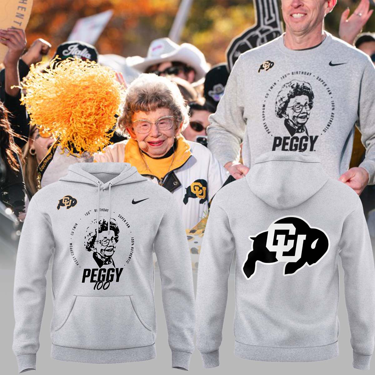 High-End Colorado Buffaloes Merch For Fan - Happy Birthday 100th Miss Peggy Grey Hoodie - Unique Gift For CU Lover - Colorado Buffaloes Gear - CB04