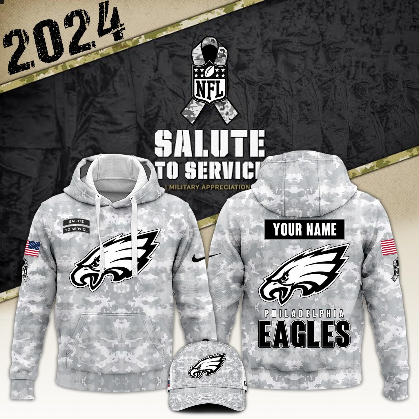 Philadelphia Eagles Hoodie For Fans - Old But Gold - Philadelphia Eagles Arctic Camo 2024 Salute to Service Club Hoodie