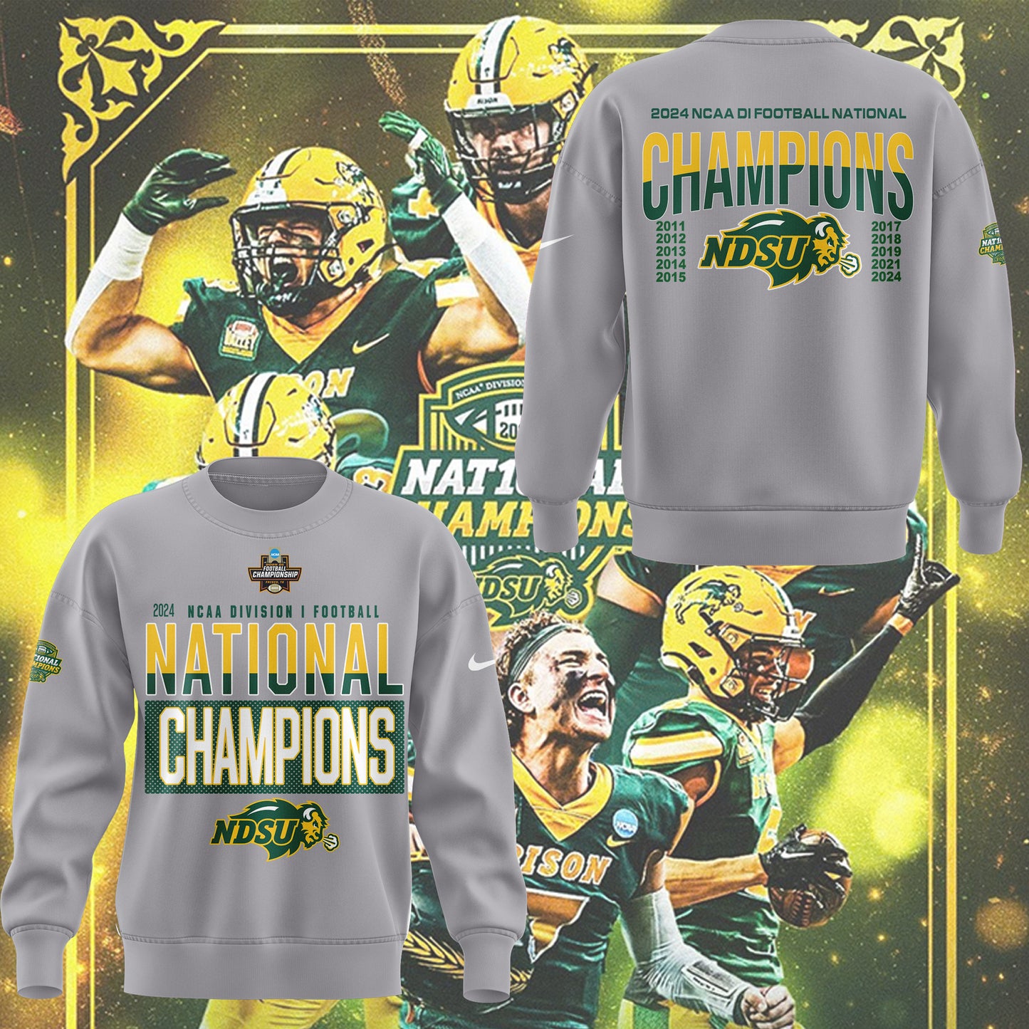 NDSU Football All-Grey Sweatshirt 2025 - 10 TIME NATIONAL CHAMPIONSHIP! North Dakota State Bison Shirt