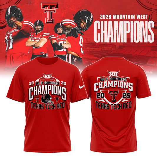 Texas Tech Red Raiders Football 2025 Big 12 Conference Champs Red T-Shirt Unisex - 100% Cotton