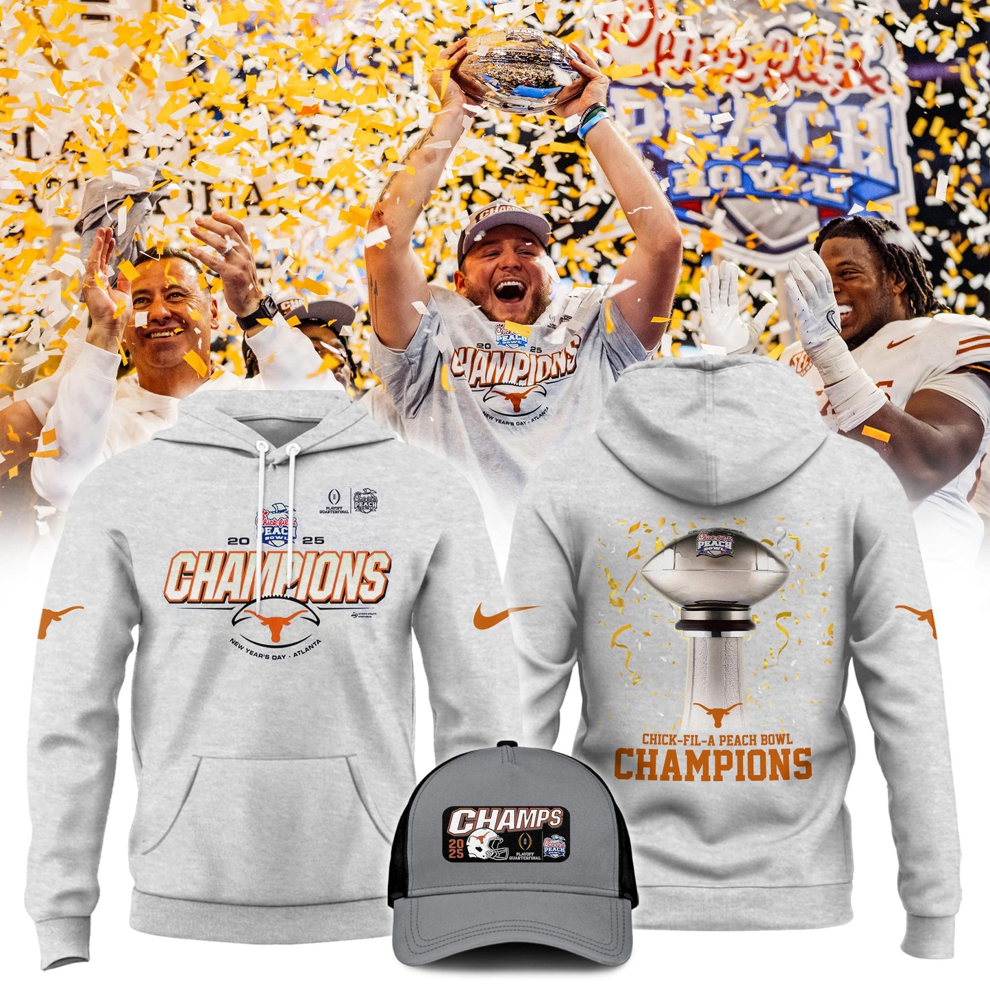 2025 Texas Longhorns Premium Merch - Texas Longhorns 2025 Chick-fil-A Peach Bowl Champions Limited Hoodie - Unique Gift For Texas Longhorns Fan V2