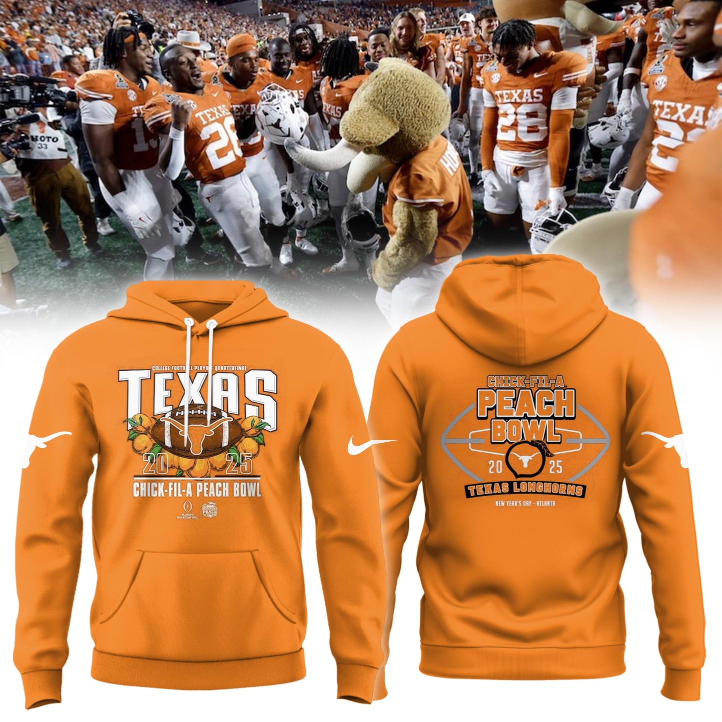 2025 Texas Longhorns Premium Merch - Texas Longhorns 2025 Chick-fil-A Peach Bowl Champions Limited Orange Hoodie - Unique Gift For Texas Longhorns Fan V3