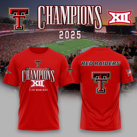 Texas Tech Red Raiders Football 2025 Big 12 Conference Champs T-Shirt - Red - Unisex - 100% Cotton