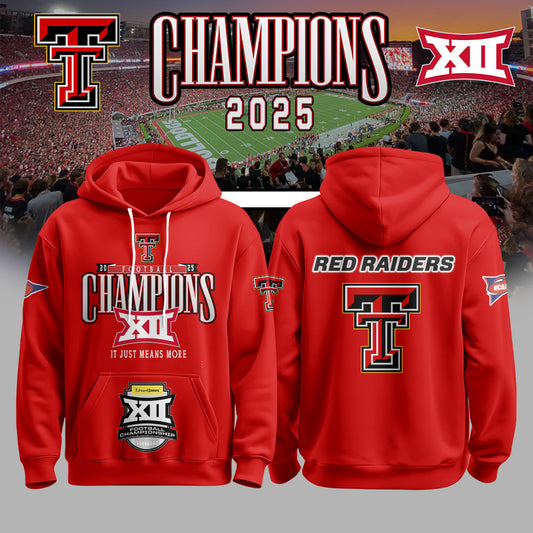 Texas Tech Red Raiders Football 2025 Big 12 Conference Champs Red Hoodie Unisex - 100% Cotton