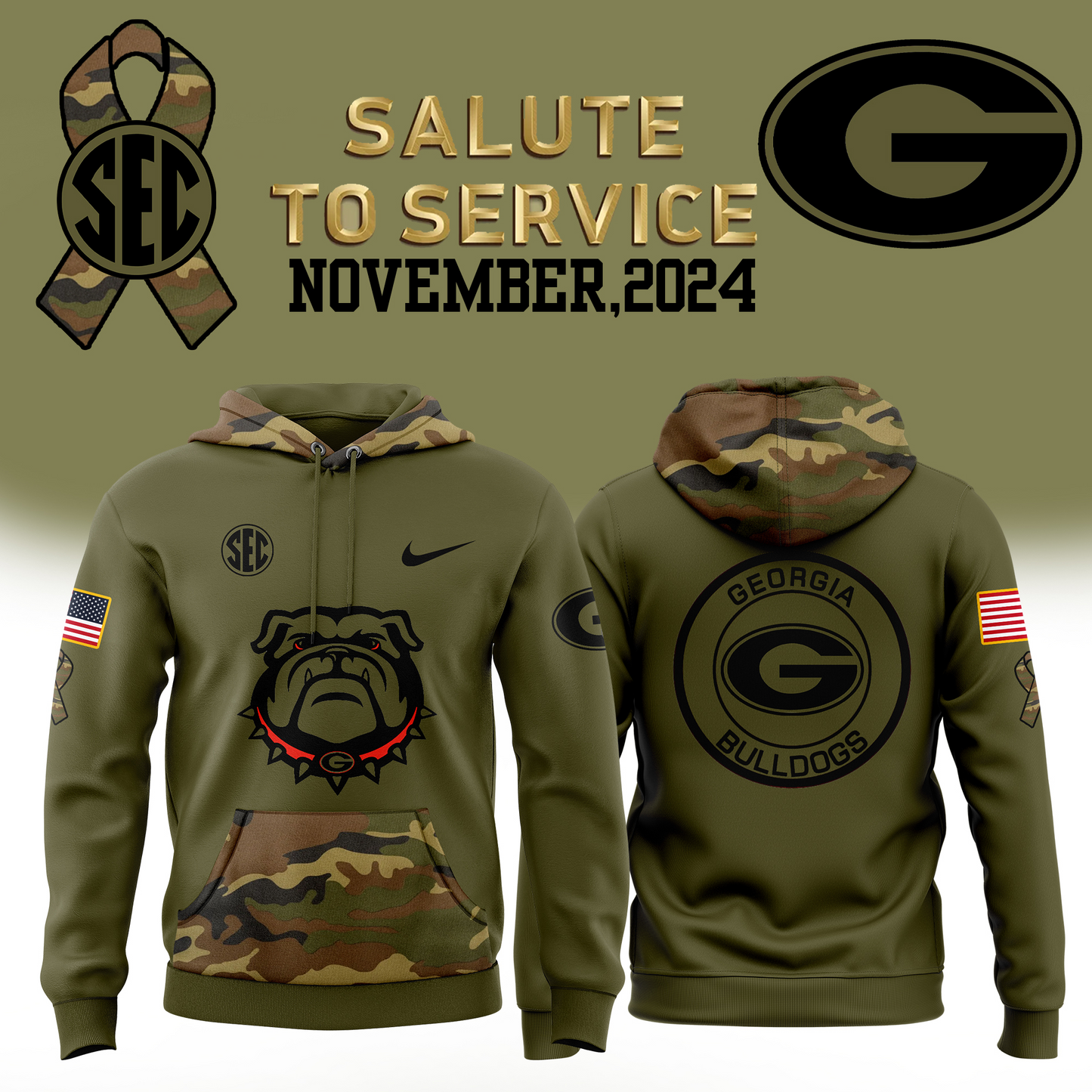 Premium Georgia Bulldogs Gear - Georgia Bulldogs Football Camo 2024 Salute to Service Club Fleece Pullover Hoodie GB02