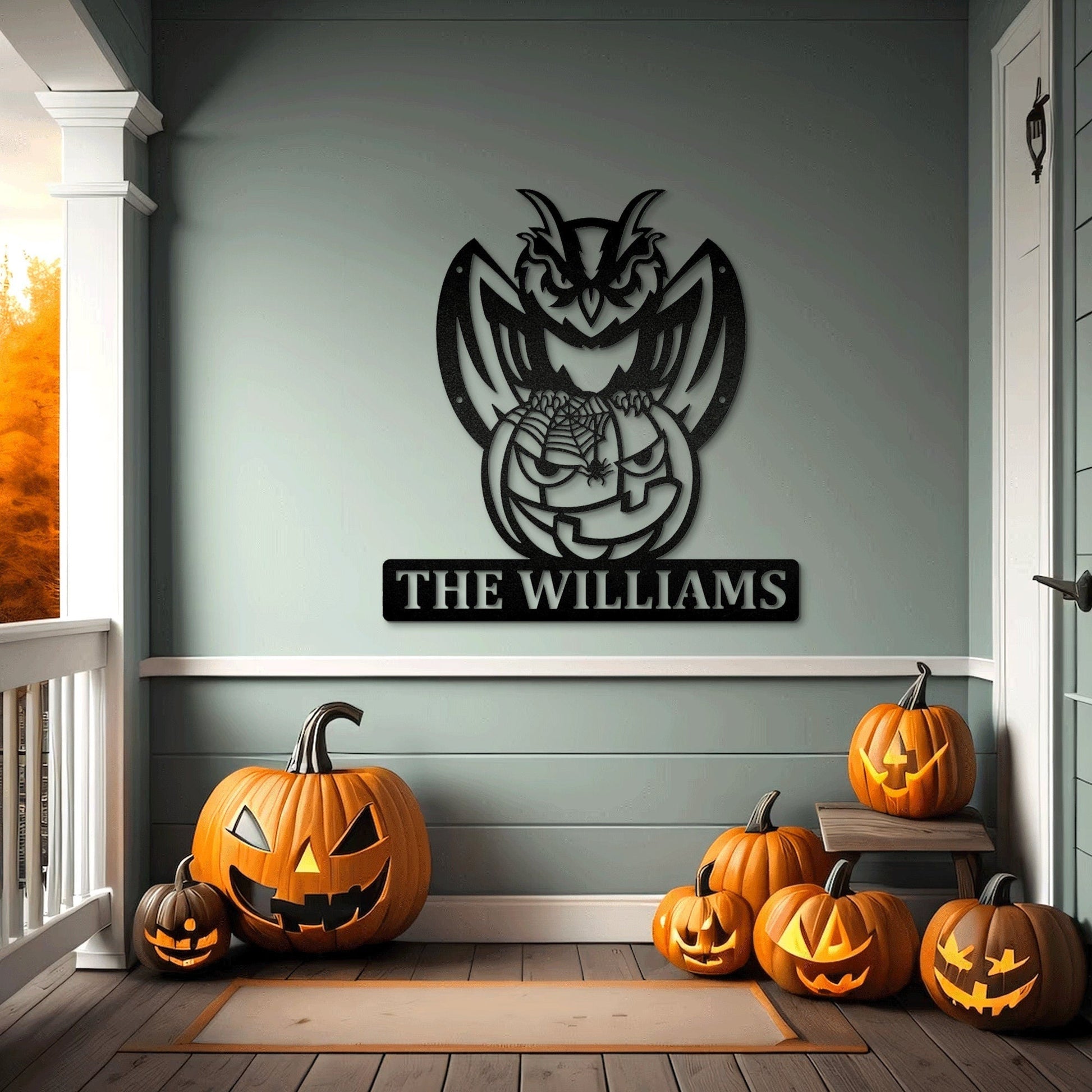 Owl Halloween Custom Name Metal Wall Art With LED, Halloween Decorations Outdoor, Halloween Home Decor, Halloween Gift, Cat With Owls & Bats1
