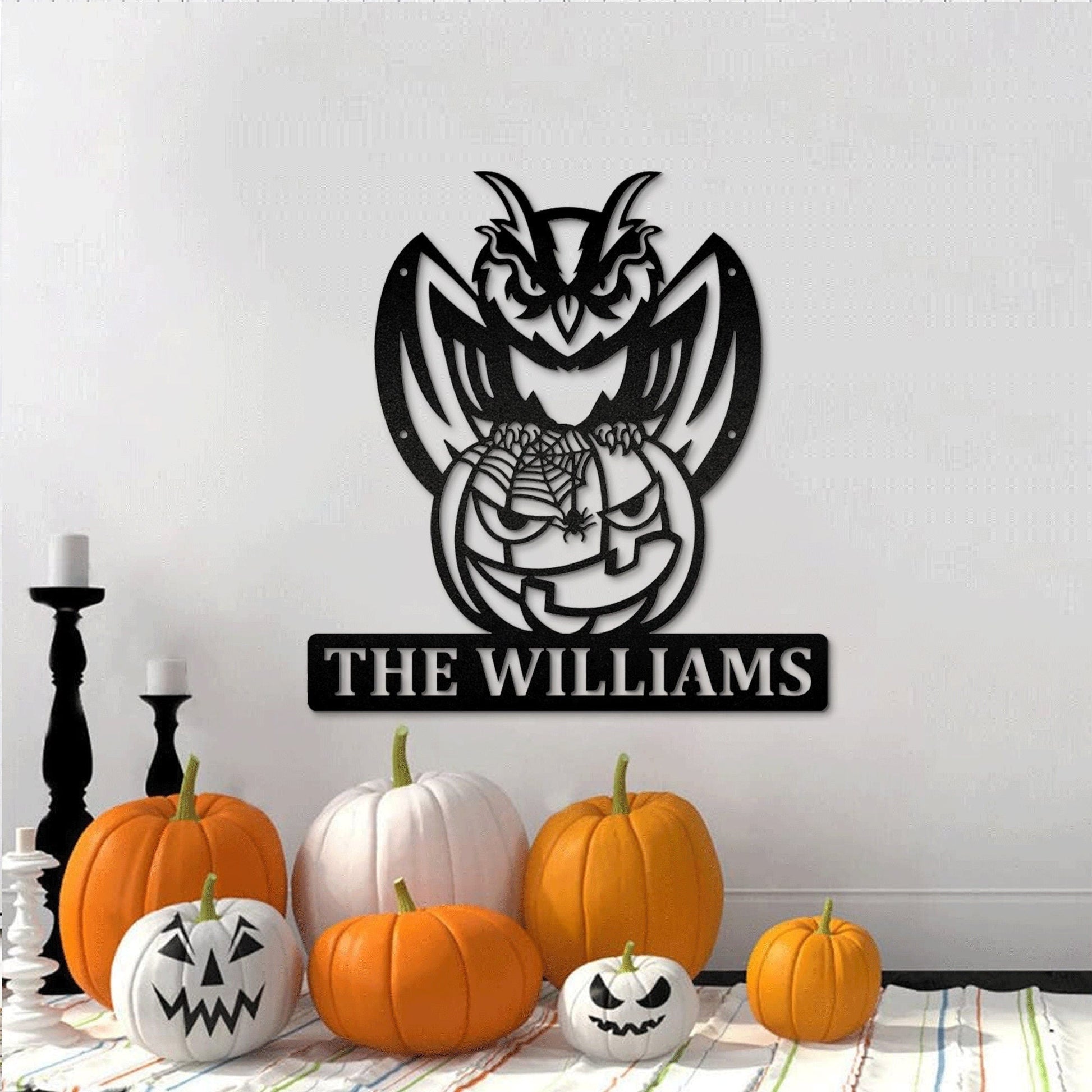 Owl Halloween Custom Name Metal Wall Art With LED, Halloween Decorations Outdoor, Halloween Home Decor, Halloween Gift, Cat With Owls & Bats1
