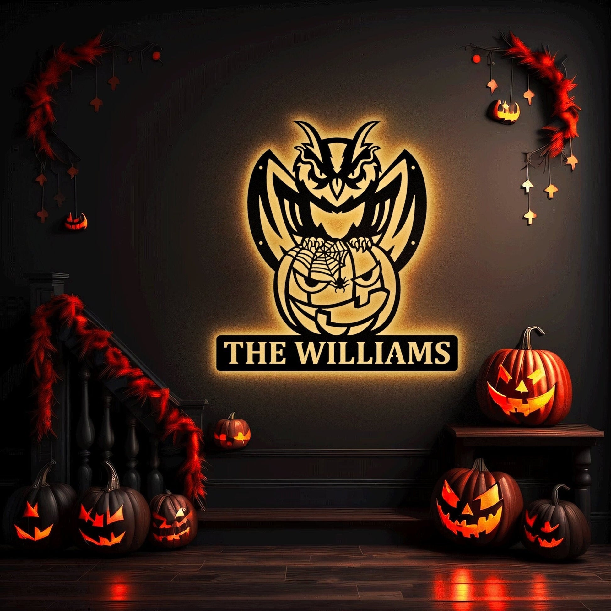 Owl Halloween Custom Name Metal Wall Art With LED, Halloween Decorations Outdoor, Halloween Home Decor, Halloween Gift, Cat With Owls & Bats1