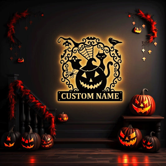 Spooky Pumpkin Metal Art Sign with Custom Name Perfect Gift for Halloween, Metal Sign LED, Halloween Decorations Outdoor, Halloween Gift.1