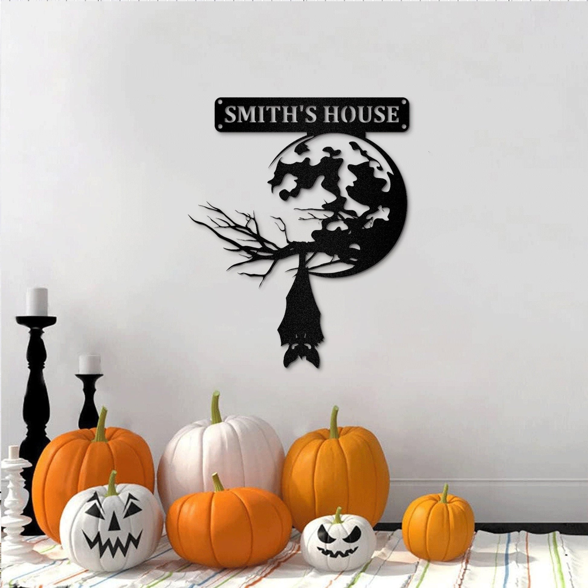 Moon and Bat Hanging Metal Art Sign With LED, Custom Name Perfect Decor for Halloween, Halloween Decorations Outdoor, Halloween Gift.1