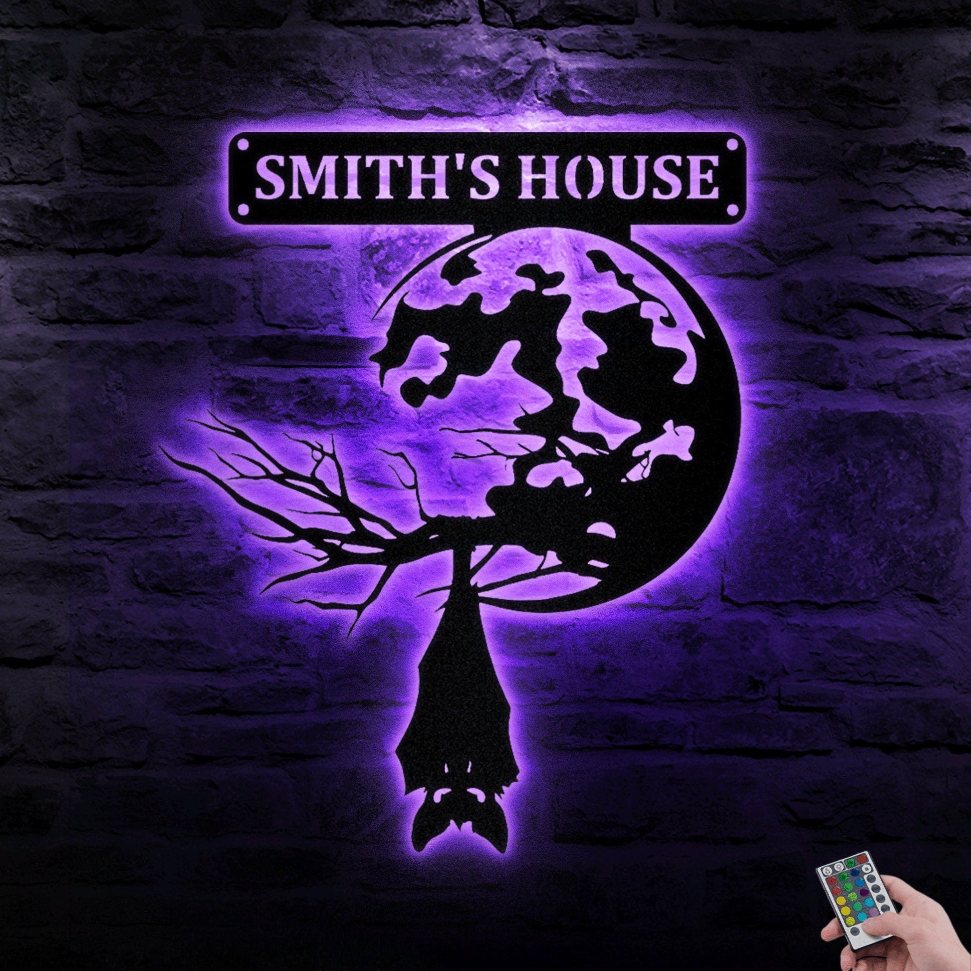 Moon and Bat Hanging Metal Art Sign With LED, Custom Name Perfect Decor for Halloween, Halloween Decorations Outdoor, Halloween Gift.1