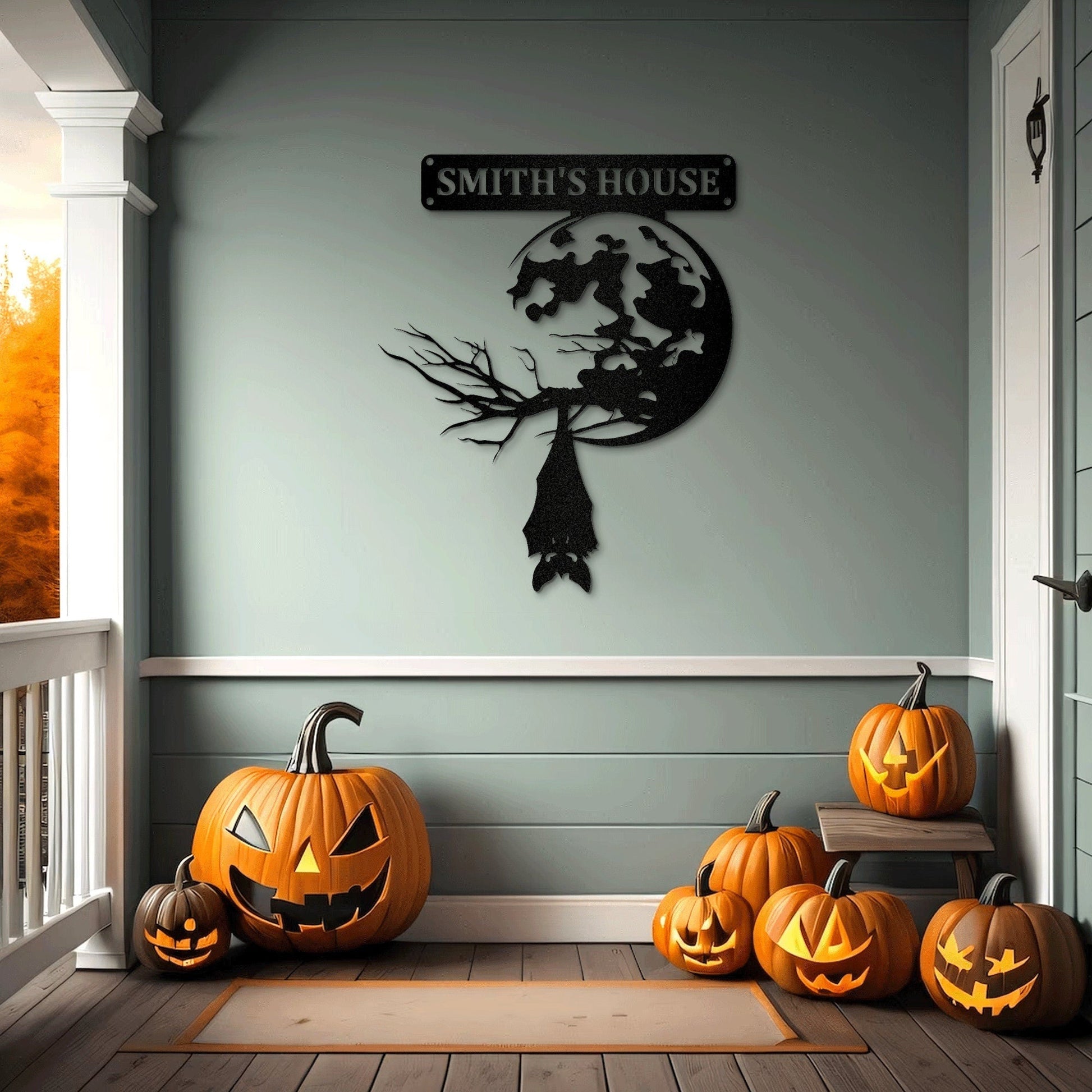 Moon and Bat Hanging Metal Art Sign With LED, Custom Name Perfect Decor for Halloween, Halloween Decorations Outdoor, Halloween Gift.1