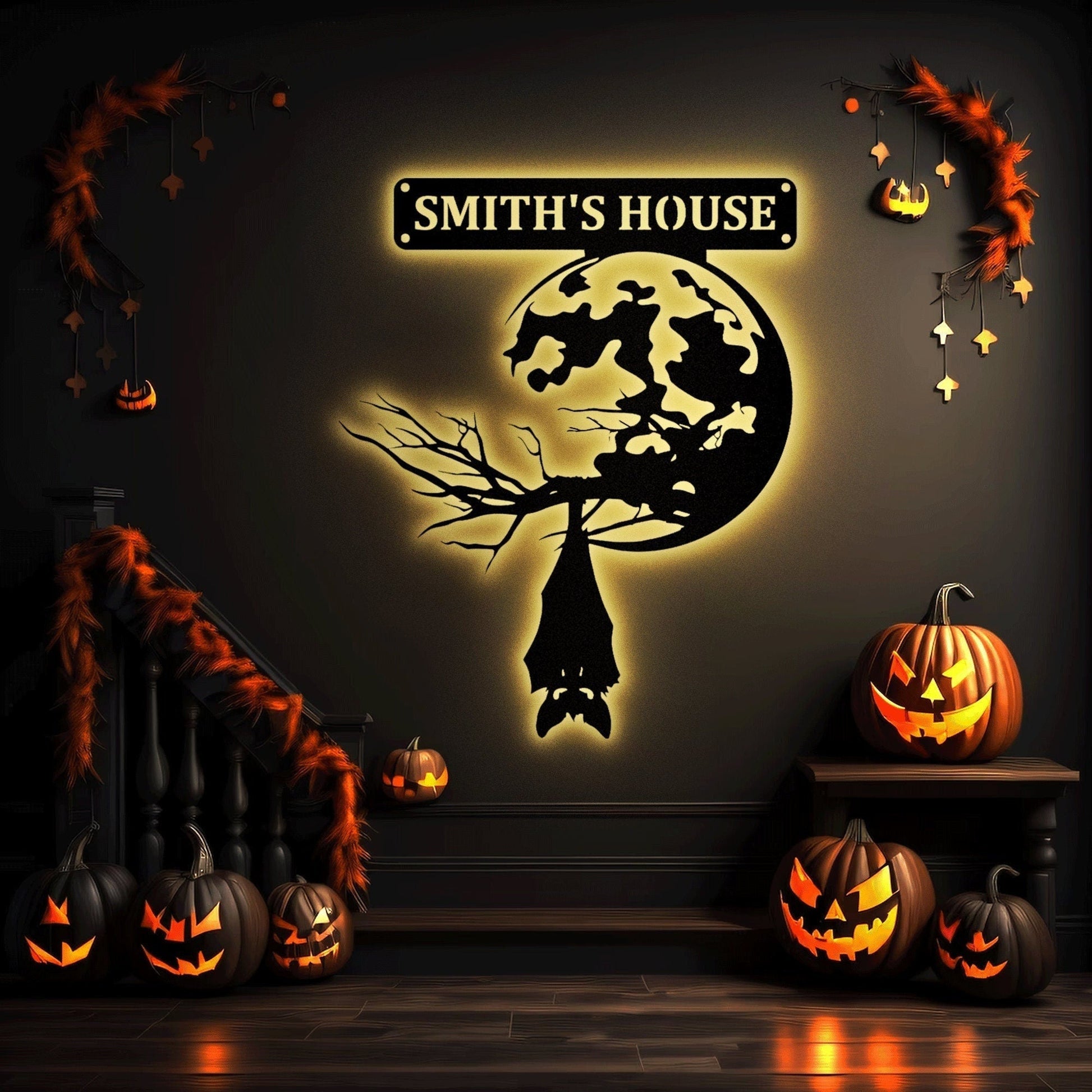 Moon and Bat Hanging Metal Art Sign With LED, Custom Name Perfect Decor for Halloween, Halloween Decorations Outdoor, Halloween Gift.1