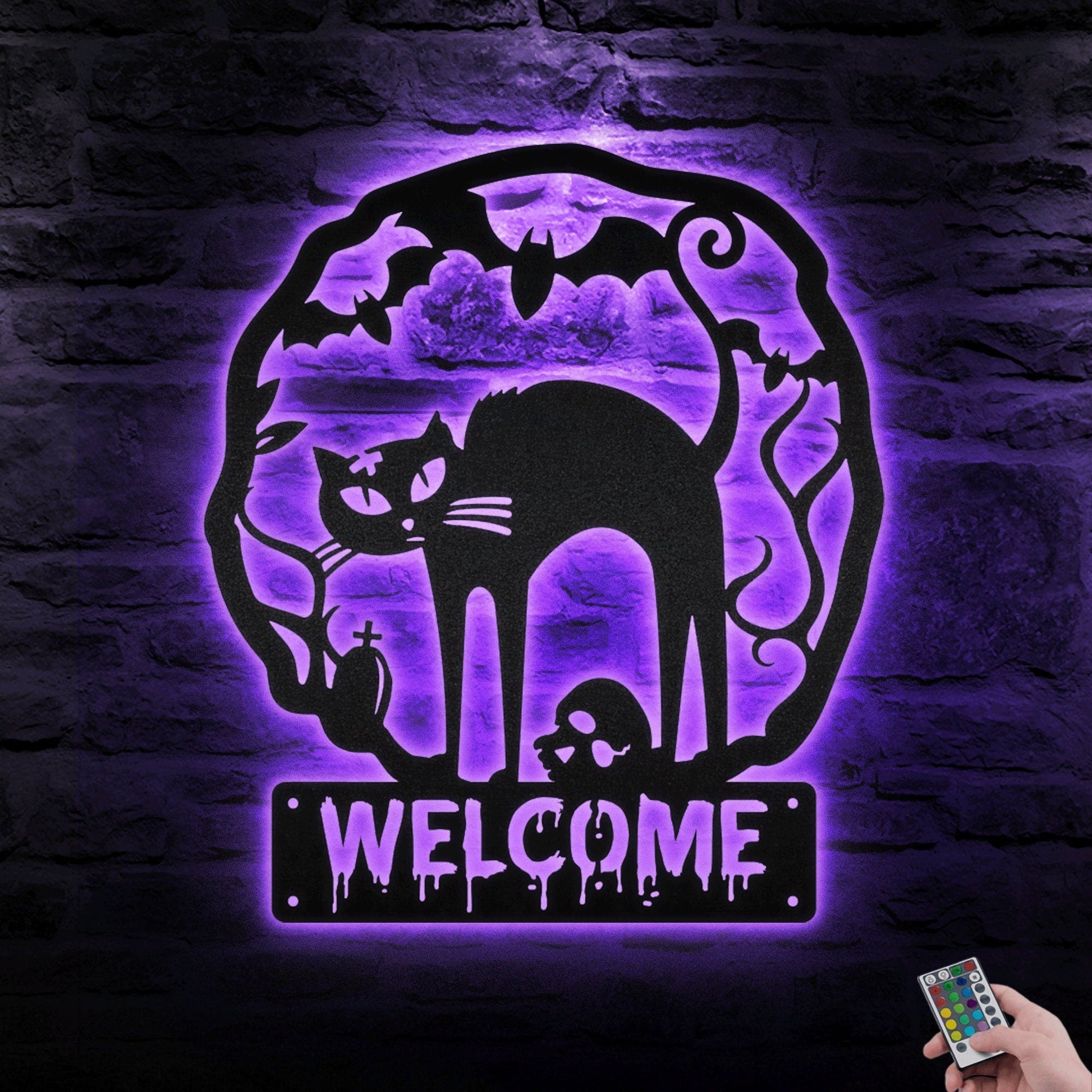 Cat Halloween Welcome Steel Art With LED, Halloween Decorations Outdoor, Perfect Welcome Metal Sign For Halloween, Light Up Metal Sign.1