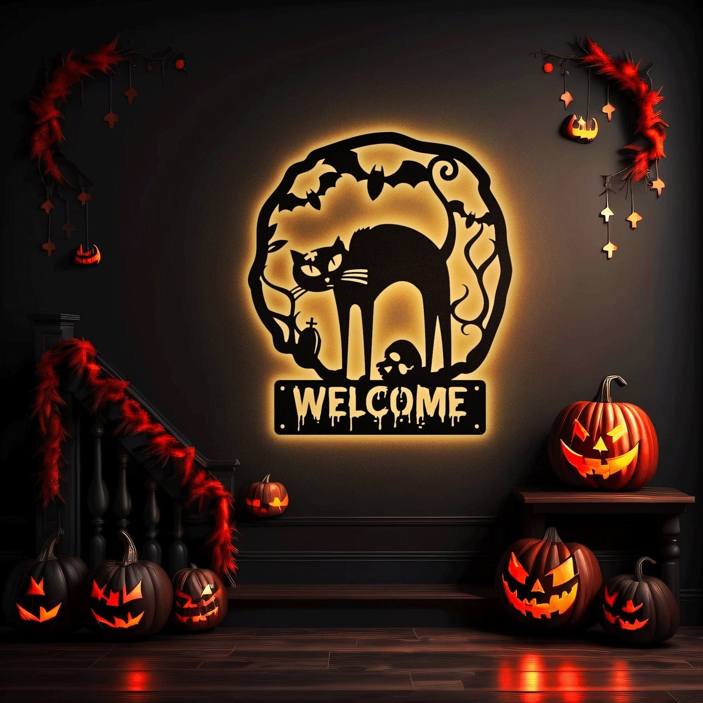 Cat Halloween Welcome Steel Art With LED, Halloween Decorations Outdoor, Perfect Welcome Metal Sign For Halloween, Light Up Metal Sign.1