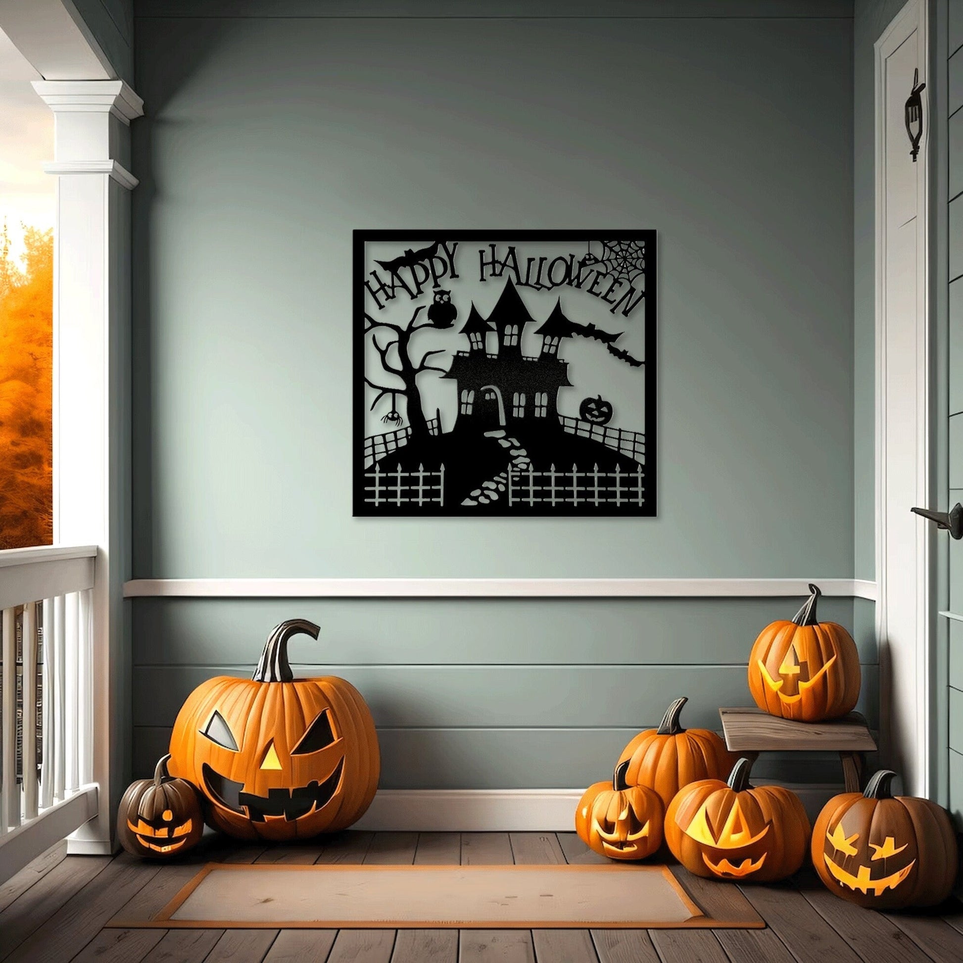 Haunted House Halloween Wreath Metal Wall Art LED Light , Halloween Outdoor Perfect Gift, Metal Halloween With LED, Halloween Gift.1